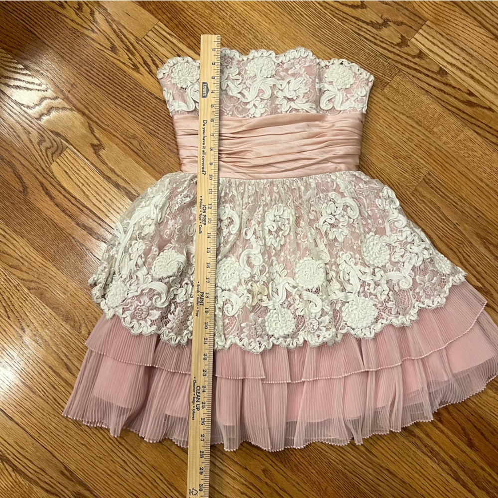 Vintage Betsey Johnson Lace Pink Strapless Mini Dress Lacey Tea Party Tulle Bow - Picture 13 of 14